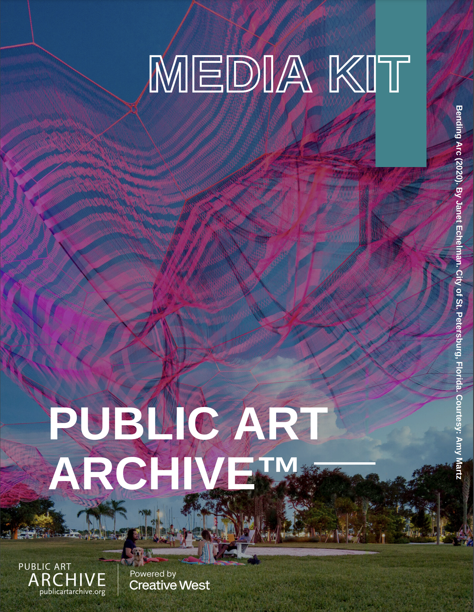 Public Art Archive Media Kit placed on top of an image of a large hot pink sculpture outdoors.